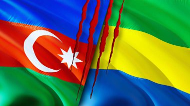 Azerbaycan ve Gabon yara izi olan bayraklar. Dalgalanan bayrak, 3 boyutlu görüntüleme. Azerbaycan ve Gabon çatışma konsepti. Azerbaycan Gabon ilişkileri kavramı. Azerbaycan bayrağı ve Gabon krizi, savaş, attac