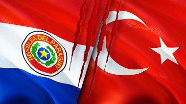 Paraguay ve Hindi bayraklarında yara izi var. Dalgalanan bayrak, 3 boyutlu görüntüleme. Paraguay ve Türkiye çatışması kavramı. Paraguay Türkiye ilişkileri kavramı. Paraguay bayrağı ve Türkiye krizi, savaş, saldırı konsepti