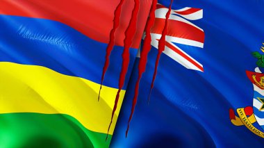 Mauritius ve Cayman Adaları yara izi olan bayraklar. Dalgalanan bayrak, 3 boyutlu görüntüleme. Mauritius ve Cayman Adaları çatışma konsepti. Mauritius Cayman Adaları ilişkileri kavramı. Mauritius bayrağı
