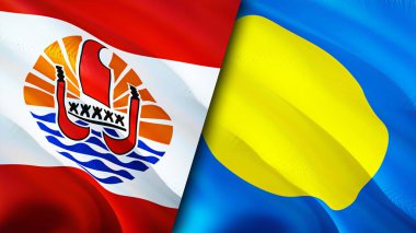 Fransız Polinezyası ve Palau bayrakları. 3 boyutlu dalgalanan bayrak tasarımı. Fransız Polinezya Palau bayrağı, resim, duvar kağıdı. Fransız Polinezyası, Palau 'ya karşı, 3 boyutlu canlandırma. Fransız Polinezya Palau ilişkileri bir ittifak