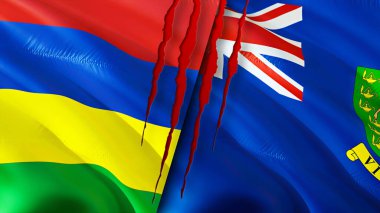 Mauritius ve Britanya Virjin Adaları yara izi konseptli bayraklar. Dalgalanan bayrak, 3 boyutlu görüntüleme. Mauritius ve British Virgin Adaları çatışma konsepti. Mauritius Britanya Virjin Adaları ilişkileri kavramı