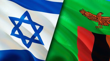 İsrail ve Zambiya bayrakları. 3 boyutlu dalgalanan bayrak tasarımı. İsrail Zambiya bayrağı, resim, duvar kağıdı. İsrail, Zambiya 'ya karşı, görüntü 3 boyutlu. İsrail Zambiya ilişkileri ittifak ve ticaret, seyahat, turizm konsepti