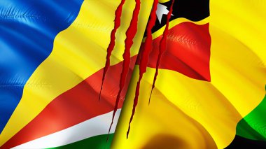 Seyşeller ve Nevis Adası bayrakları yara izi konseptiyle. Dalgalanan bayrak, 3 boyutlu görüntüleme. Seyşeller ve Nevis Adası çatışma konsepti. Seyşel Adaları Nevis Adası ilişkileri kavramı. Seyşeller ve Nevi bayrağı