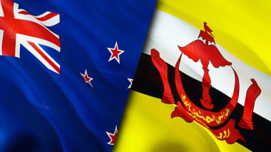 Yeni Zelanda ve Brunei bayrakları. 3 boyutlu dalgalanan bayrak tasarımı. Yeni Zelanda Brunei bayrağı, resim, duvar kağıdı. Yeni Zelanda Brunei 'ye karşı, görüntü 3 boyutlu. Yeni Zelanda Brunei ilişkileri savaş ittifakı kavramı. Ticaret.