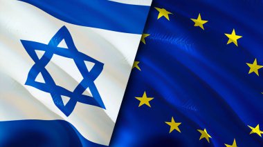 İsrail ve Avrupa Birliği bayrakları. 3 boyutlu dalgalanan bayrak tasarımı. İsrail Avrupa Birliği bayrağı, resim, duvar kağıdı. İsrail, Avrupa Birliği imajına karşı, 3D görüntüleme. İsrail Avrupa Birliği ilişkileri ittifak