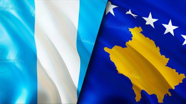 Guatemala ve Kosova bayrakları. 3 boyutlu dalgalanan bayrak tasarımı. Guatemala Kosova bayrağı, resim, duvar kağıdı. Guatemala, Kosova 'nın imajına karşı, 3D görüntüleme. Guatemala Kosova ilişkileri savaş ittifakı kavramı. Ticaret, turnuva