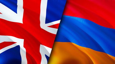 İngiltere ve Ermenistan bayrakları. 3 boyutlu dalgalanan bayrak tasarımı. Birleşik Krallık Ermenistan bayrağı, resim, duvar kağıdı. Birleşik Krallık, Ermenistan imajına karşı, 3D görüntüleme. Birleşik Krallık Ermenistan ilişkileri