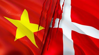 Vietnam ve Danimarka bayrakları. 3 boyutlu dalgalanan bayrak tasarımı. Vietnam Danimarka bayrağı, resim, duvar kağıdı. Vietnam, Danimarka imajına karşı, 3 boyutlu canlandırma. Vietnam Danimarka ilişkileri ittifak ve ticaret, seyahat, turizm konsepti