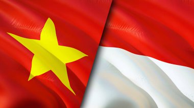 Vietnam ve Endonezya bayrakları ve yara izi konsepti. Dalgalanan bayrak, 3 boyutlu görüntüleme. Vietnam ve Endonezya çatışma konsepti. Vietnam Endonezya ilişkileri kavramı. Vietnam bayrağı ve Endonezya krizi, savaş, attac