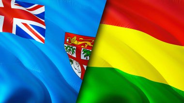 Fiji ve Bolivya bayrakları. 3 boyutlu dalgalanan bayrak tasarımı. Fiji Bolivya bayrağı, resim, duvar kağıdı. Fiji, Bolivya 'ya karşı, görüntü 3 boyutlu. Fiji Bolivya ilişkileri ittifak ve ticaret, seyahat, turizm konsepti