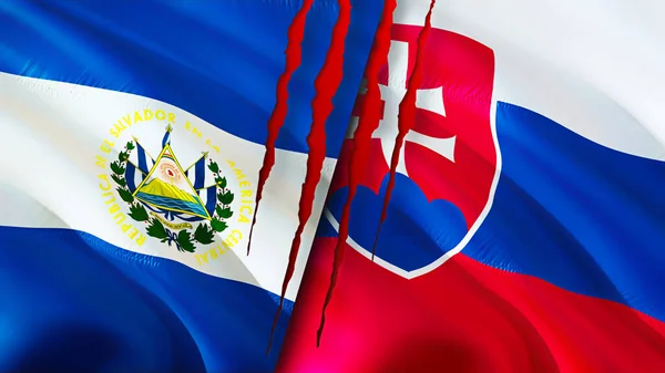 Флаги Сальвадора Словакии Шрамом Трехмерный Рендеринг Флага Концепция Сальвадора Словакии — стоковое фото