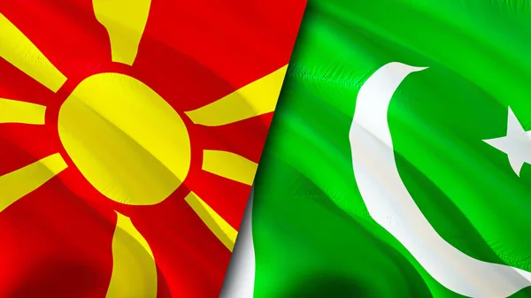 North Macedonia and Pakistan flags. 3D Waving flag design. North Macedonia Pakistan flag, picture, wallpaper. North Macedonia vs Pakistan image,3D rendering. North Macedonia Pakistan relation