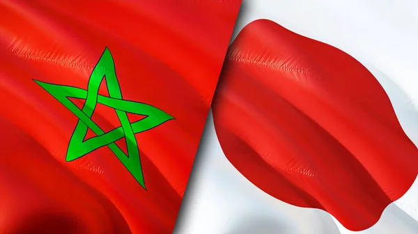 Morocco and Japan flags. 3D Waving flag design. Morocco Japan flag, picture, wallpaper. Morocco vs Japan image,3D rendering. Morocco Japan relations alliance and Trade,travel,tourism concep