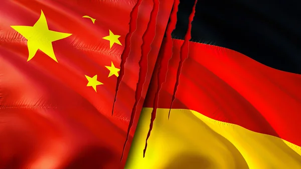 Bendera Cina Dan Jerman Dengan Konsep Bekas Luka Mengayunkan Bendera — Stok Foto
