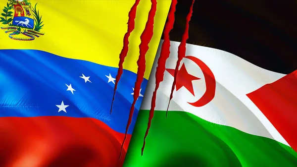 Venezuela and Western Sahara flags with scar concept. Waving flag,3D rendering. Venezuela and Western Sahara conflict concept. Venezuela Western Sahara relations concept. flag of Venezuela an