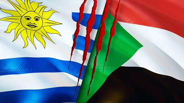 Uruguay and Sudan flags with scar concept. Waving flag,3D rendering. Uruguay and Sudan conflict concept. Uruguay Sudan relations concept. flag of Uruguay and Sudan crisis,war, attack concep