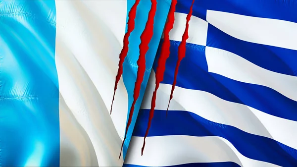 Gwatemala Greckie Flagi Blizną Macha Flagą Renderowania Koncepcja Konfliktu Gwatemali — Zdjęcie stockowe
