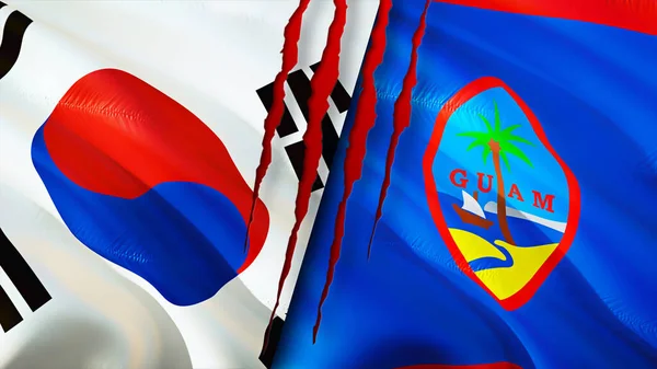 South Korea and Guam flags with scar concept. Waving flag,3D rendering. South Korea and Guam conflict concept. South Korea Guam relations concept. flag of South Korea and Guam crisis,war, attac