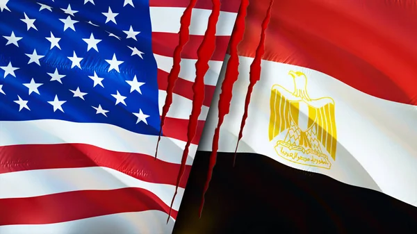 USA and Egypt flags with scar concept. Waving flag,3D rendering. USA and Egypt conflict concept. USA Egypt relations concept. flag of USA and Egypt crisis,war, attack concep