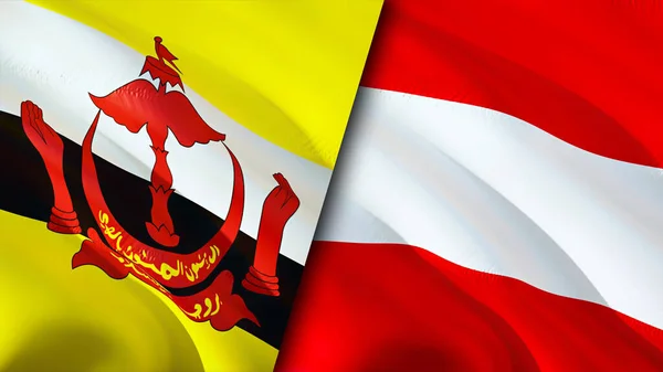 Brunei and Austria flags. 3D Waving flag design. Brunei Austria flag, picture, wallpaper. Brunei vs Austria image,3D rendering. Brunei Austria relations alliance and Trade,travel,tourism concep