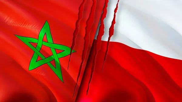 Morocco and Poland flags with scar concept. Waving flag,3D rendering. Morocco and Poland conflict concept. Morocco Poland relations concept. flag of Morocco and Poland crisis,war, attack concep