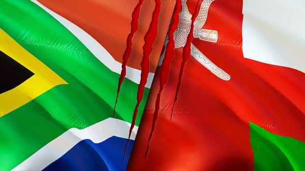 Sudáfrica Omán Banderas Con Concepto Cicatriz Bandera Ondeante Representación Sudáfrica —  Fotos de Stock