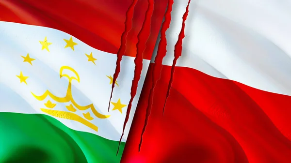 Tajikistan and Poland flags with scar concept. Waving flag,3D rendering. Tajikistan and Poland conflict concept. Tajikistan Poland relations concept. flag of Tajikistan and Poland crisis,war, attac