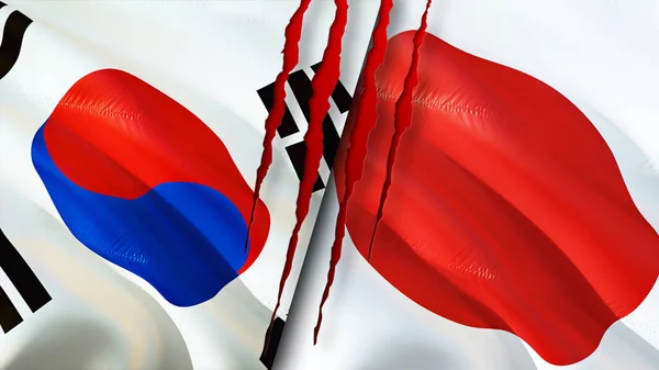South Korea and Japan flags with scar concept. Waving flag,3D rendering. South Korea and Japan conflict concept. South Korea Japan relations concept. flag of South Korea and Japan crisis,war, attac