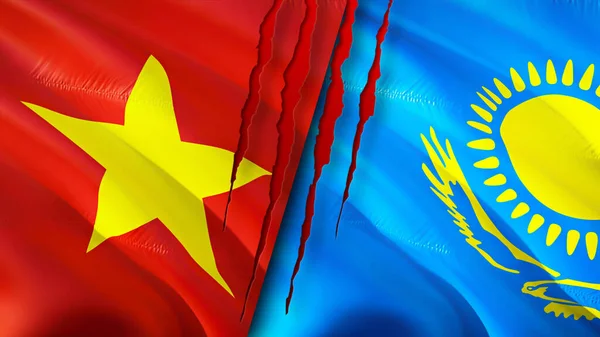 Vietnam and Kazakhstan flags. 3D Waving flag design. Vietnam Kazakhstan flag, picture, wallpaper. Vietnam vs Kazakhstan image,3D rendering. Vietnam Kazakhstan relations alliance an