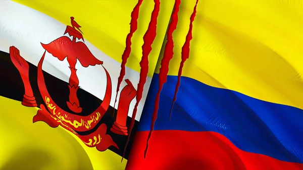 Bandiere Brunei Colombia Con Concetto Cicatrice Bandiera Sventolante Rendering Brunei — Foto Stock