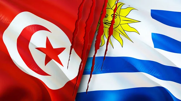 Tunisia and Uruguay flags with scar concept. Waving flag,3D rendering. Tunisia and Uruguay conflict concept. Tunisia Uruguay relations concept. flag of Tunisia and Uruguay crisis,war, attack concep