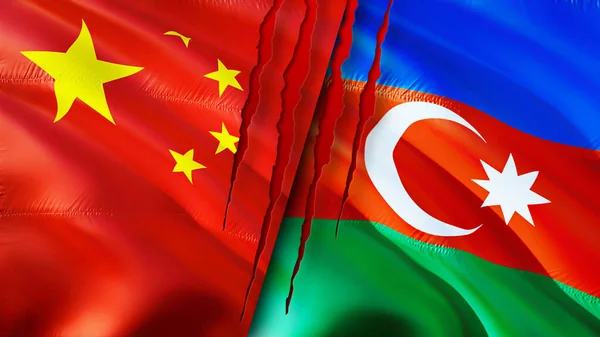 China and Azerbaijan flags with scar concept. Waving flag,3D rendering. China and Azerbaijan conflict concept. China Azerbaijan relations concept. flag of China and Azerbaijan crisis,war, attac