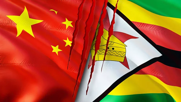 China and Zimbabwe flags with scar concept. Waving flag,3D rendering. China and Zimbabwe conflict concept. China Zimbabwe relations concept. flag of China and Zimbabwe crisis,war, attack concep