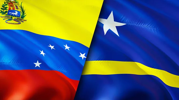 委内瑞拉和库拉索岛的国旗 3D波浪旗帜设计 委内瑞拉库拉索旗 委内瑞拉对Curacao图像 3D渲染 委内瑞拉Curacao Relations Alliance Trade Travel — 图库照片
