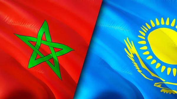 Morocco and Kazakhstan flags. 3D Waving flag design. Morocco Kazakhstan flag, picture, wallpaper. Morocco vs Kazakhstan image,3D rendering. Morocco Kazakhstan relations alliance an