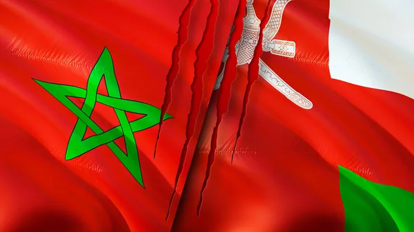 带有疤痕概念的摩洛哥和阿曼国旗 飘扬的旗帜 3D渲染 摩洛哥和阿曼冲突概念 摩洛哥阿曼关系概念 摩洛哥和阿曼国旗危机 — 图库照片