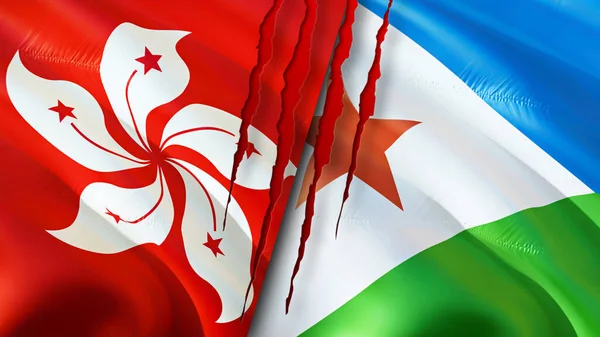 Hong Kong and Djibouti flags with scar concept. Waving flag,3D rendering. Hong Kong and Djibouti conflict concept. Hong Kong Djibouti relations concept. flag of Hong Kong and Djibouti crisis,war