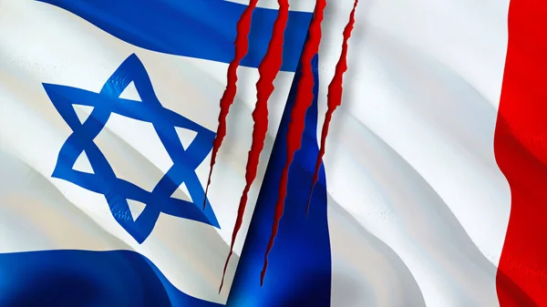 Israel and France flags with scar concept. Waving flag,3D rendering. Israel and France conflict concept. Israel France relations concept. flag of Israel and France crisis,war, attack concep