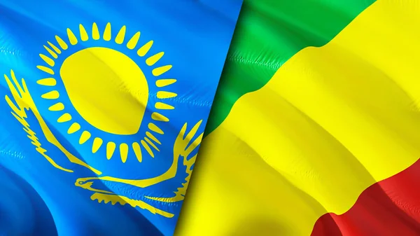 Kazakhstan and Congo flags. 3D Waving flag design. Kazakhstan Congo flag, picture, wallpaper. Kazakhstan vs Congo image,3D rendering. Kazakhstan Congo relations alliance and Trade,travel,touris