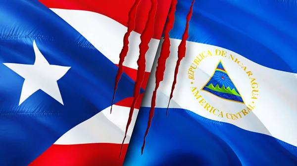 Bandeiras Porto Rico Nicarágua Com Conceito Cicatriz Bandeira Ondulada Renderização — Fotografia de Stock