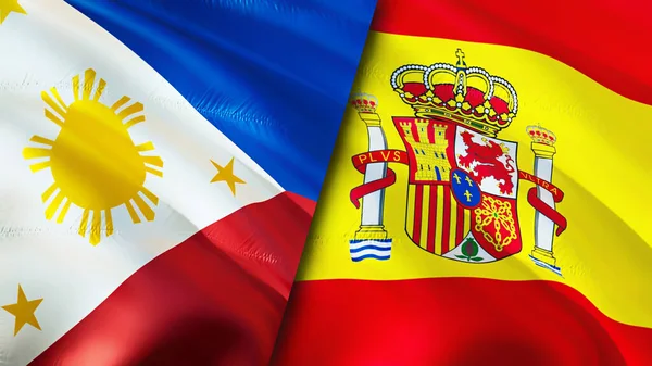 Filipinler ve İspanya bayrakları. 3 boyutlu dalgalanan bayrak tasarımı. Filipinler İspanya bayrağı, resim, duvar kağıdı. Filipinler İspanya 'ya karşı, görüntü 3D. Filipinler İspanya ilişkileri ittifak ve ticaret, seyahat, turnuva