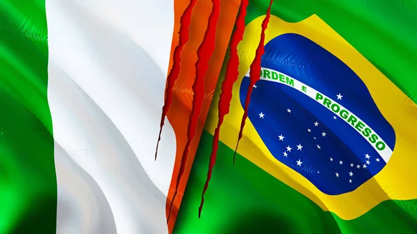 Flagi Irlandii Brazylii Blizną Macha Flagą Renderowania Koncepcja Konfliktu Irlandii — Zdjęcie stockowe