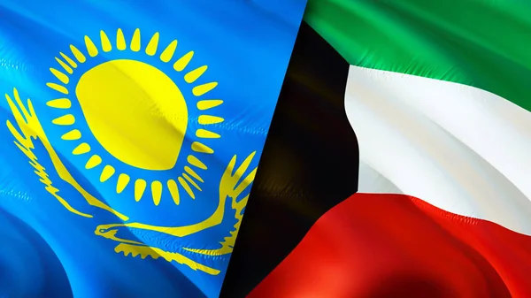 Kazakhstan and Kuwait flags. 3D Waving flag design. Kazakhstan Kuwait flag, picture, wallpaper. Kazakhstan vs Kuwait image,3D rendering. Kazakhstan Kuwait relations alliance and Trade,travel,touris