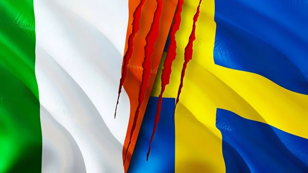 Ireland Sweden Flags Scar Concept Waving Flag Rendering Ireland Sweden — Stock Photo, Image