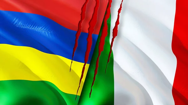 Mauritius and Italy flags with scar concept. Waving flag,3D rendering. Mauritius and Italy conflict concept. Mauritius Italy relations concept. flag of Mauritius and Italy crisis,war, attack concep