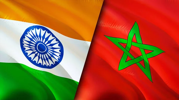 India and Morocco flags. 3D Waving flag design. India Morocco flag, picture, wallpaper. India vs Morocco image,3D rendering. India Morocco relations alliance and Trade,travel,tourism concep
