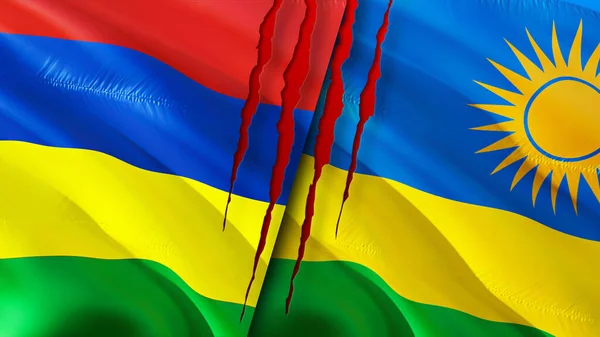 Mauritius and Rwanda flags with scar concept. Waving flag,3D rendering. Mauritius and Rwanda conflict concept. Mauritius Rwanda relations concept. flag of Mauritius and Rwanda crisis,war, attac