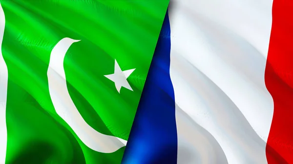 Pakistan and France flags. 3D Waving flag design. Pakistan France flag, picture, wallpaper. Pakistan vs France image,3D rendering. Pakistan France relations alliance and Trade,travel,tourism concep