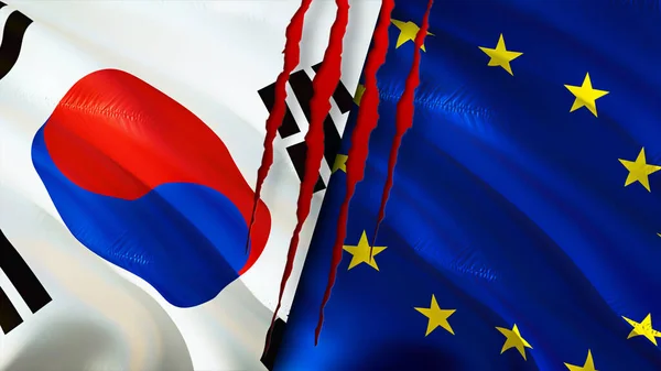 South Korea and European Union flags with scar concept. Waving flag,3D rendering. South Korea and European Union conflict concept. South Korea European Union relations concept. flag of South Kore