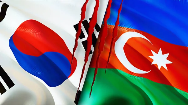 South Korea and Azerbaijan flags with scar concept. Waving flag,3D rendering. South Korea and Azerbaijan conflict concept. South Korea Azerbaijan relations concept. flag of South Korea an
